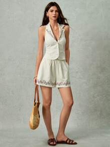 Poéselle 2pcs/Set Women Floral Pattern Lapel Neck Halter Top And Shorts Set - White - View 7