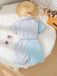 Mono de verano para niña con bloqueo de color, cuello de solapa, manga corta, rayas, minimalista, con cinturón, diseño de frente abierto, elegante y casual