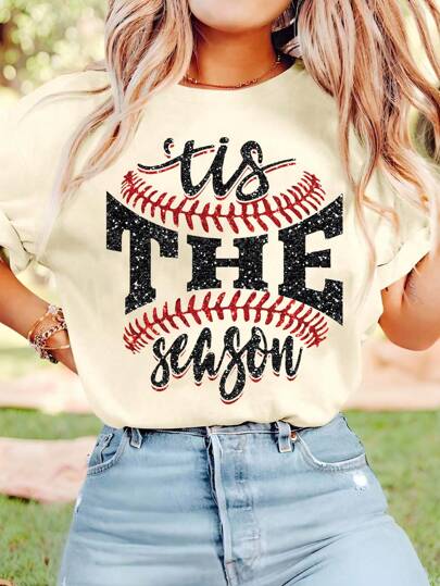 Sports Game Day Glitter Graphic Round Neck Short Sleeve Casual T-Shirt, Suitable For Everyday Wear