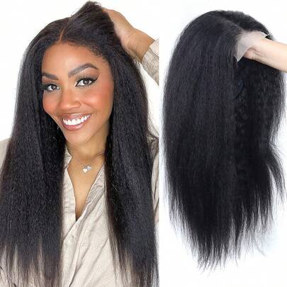 Kinky Straight Lace Front Wigs Human Hair For Women 4x4 Lace Closure Wigs Yaki Straight Human Hair Pre Plucked 150% Density Brazilian Glueless Wigs Human Hair