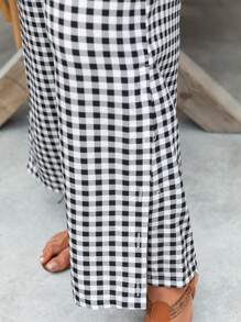 SHEIN LUNE 大码女式格子无袖侧袋休闲阔腿侧扣连体裤，适合秋季和夏季 - 黑色 - 查看 6