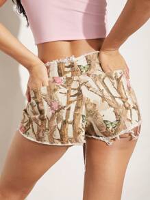 SHEIN Unity Shorts vaqueros cortos de tiro bajo con estampado de mariposas y plantas, con efecto desgastado, para verano, festivales de música, vacaciones elegantes, primavera, brunch, estilo callejero, playa, Acción de Gracias, Navidad, Año Nuevo para mujeres - Multicolor - Ver 4