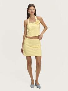 Nöista Pastel Pale Yellow Jacquard Mini Skirt With Flower Brooch,Elegant Fitted Silhouette For Autumn,Cute Holiday Picnic Summer Wear,Matching Set Style - Yellow - View 4