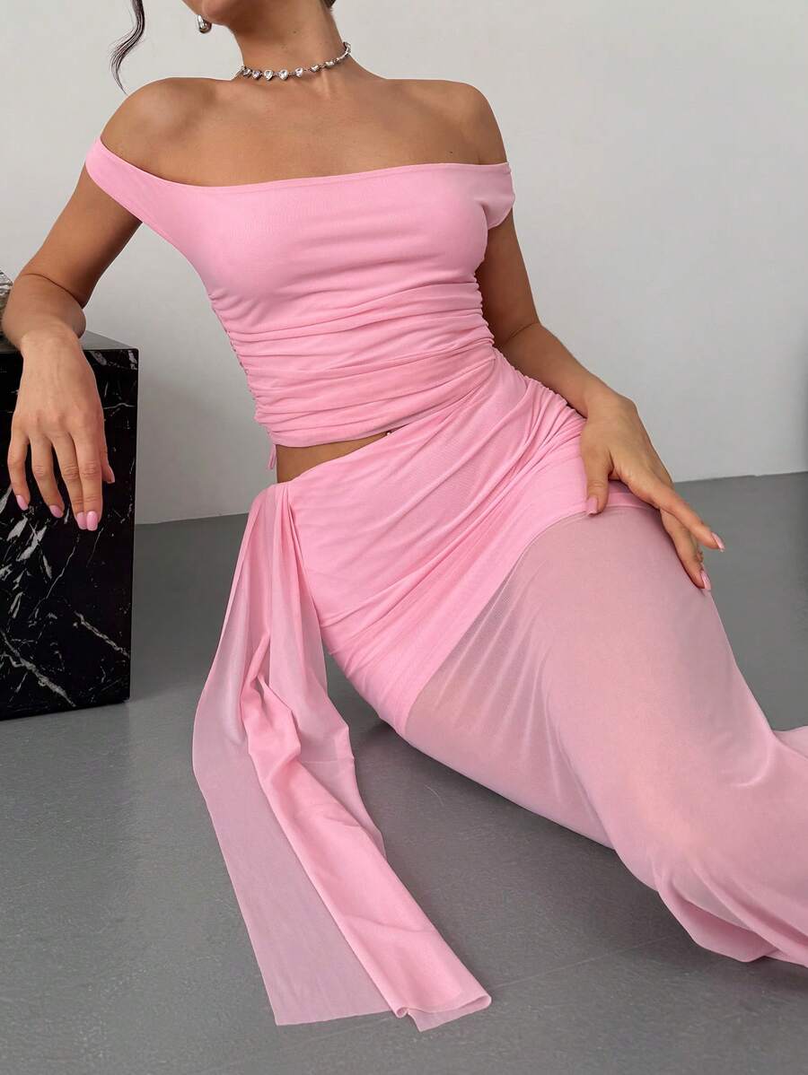Aloruh 全新浪漫粉色露肩露背可转换上衣和裙子两件套，海滩度假性感装 - 粉色 - 查看 1