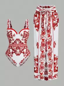 Swim Oasis BOHO Luxurious Palace Printed Exquisite Ruffled Sleeve Premium One-Piece Suit - Red and White - View 1