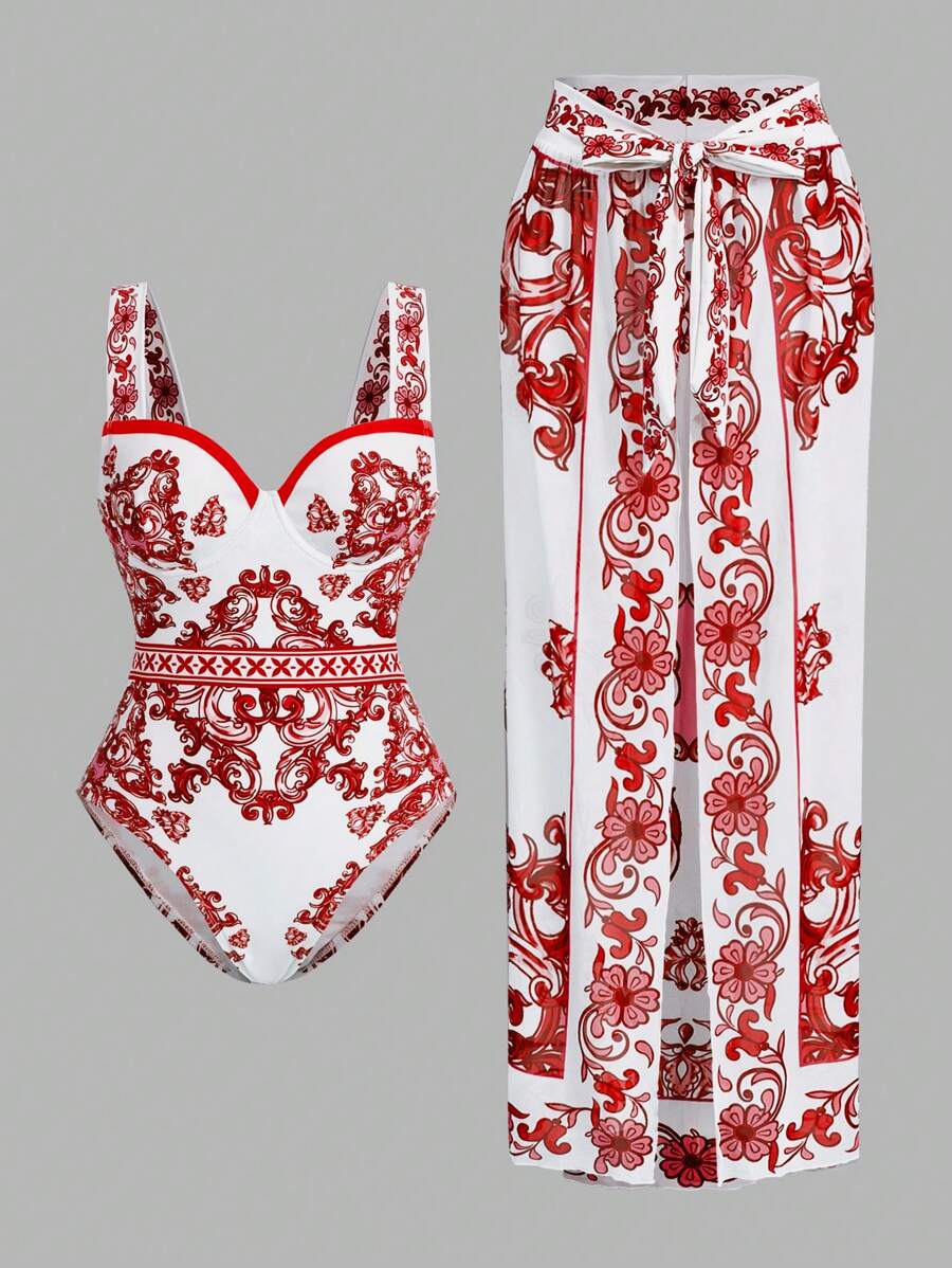 Swim Oasis BOHO Luxurious Palace Printed Exquisite Ruffled Sleeve Premium One-Piece Suit - Red and White - View 1