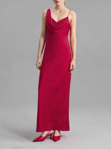 Ontre 2025 New Women Wedding Guest Dress, Asymmetric Neckline Single Slit Elegant Dress, Red Taffeta Fabric, Spring/Summer - Red - View 8