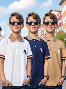 SHEIN Leap Crew Tween Boy 宽松休闲短袖 Polo 衫 3 件套、夏季上衣、短裤、长裤、白色上衣 - 彩色 - 查看 1