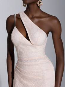 Elitara Vestido de cena formal, vestido de fiesta, vestido de noche, para evento de boda de invitado, elegante y hermoso con escote asimétrico de encaje con lentejuelas rosado, plisado, con abertura lateral alta y cola de pez - Rosa Pálido - Ver 4