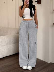 Flirla Petite 女士简约宽松高腰阔腿长款运动裤，带多个侧袋，休闲舒适，适合日常穿着，春秋季 - 灰色 - 查看 4