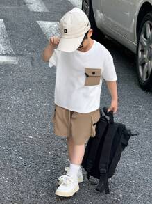 SHEIN Young Boy Loose Cargo Pocket Short Sleeve Shorts Set - White - View 1