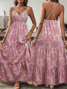 Breezaya Women's Folk Floral Print Spaghetti Strap Crossed Waist Loose Knee-Length Dress Maxi Women Outfit - Pink - View 1