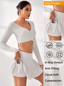 Eassivo Eassivo 2pcs Women's Sporty Casual Yoga Running Fitness Cute & Sexy Top & Skirt Shorts Set - Beige - View 2