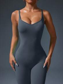 Slayform Slayform Women Solid Color Ruched Butt Yoga Jumpsuit With Straps - Dark Grey - View 3