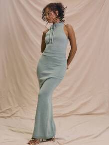 MUSERA Racer Knit Fitted Top Tie Neck Detail Spring Summer Holiday Cute Soft Serve Airport Outfits Comfy Cute - Green - View 5