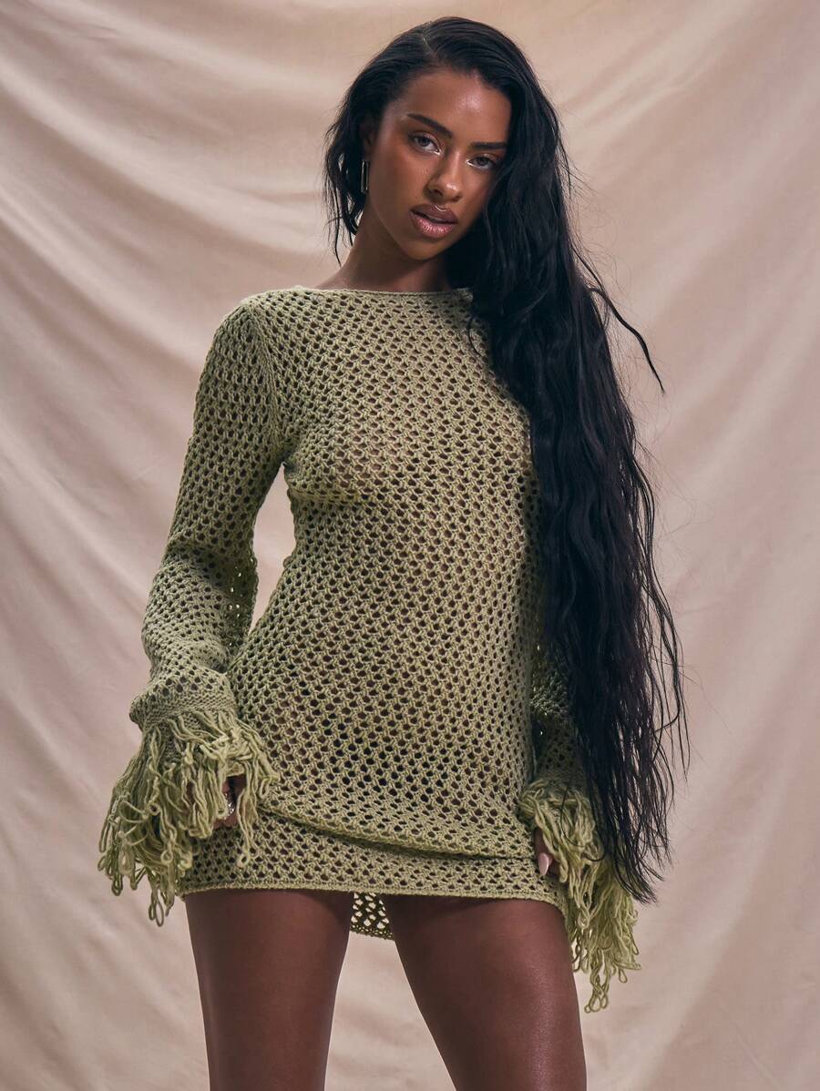 MUSERA Crochet Fitted Wide Trim Sleeve Mini Dress Holiday Boho Elegant Holiday Soft Serve Ibiza Beach Night Out Date Night Birthday Carvinal Spring Summer Vacation - Green - View 1