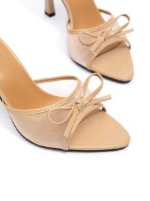 CUCCOO CHICEST New Fashionable Versatile Rhinestone Bowknot Strap Stiletto High Heel Sandals For Christmas - Apricot - View 5