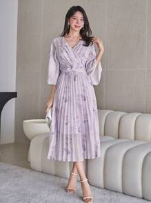 DAZY Women's V-Neck Floral Print 3/4 Sleeve Pleated Hem Elegant Dress, Fall Clothes Dress - Mauve Purple - View 4