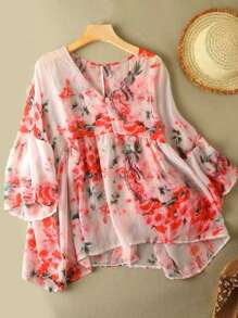 SHEIN Women's Loose V-Neck Printed Blouse, Spring & Summer - Hot Pink - View 3