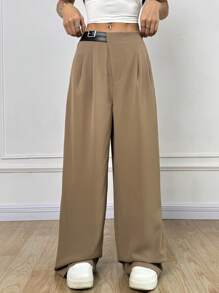 Comfortcana Women's Buckle Waist Pleated Wide Leg Casual Pants