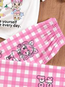 SHEIN Conjunto de pijama para niña preadolescente con camiseta de manga corta de cuello redondo con estampado gráfico de niña de dibujos animados y pantalones anchos, adecuado para el verano