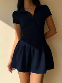 CovetEZ Đầm thường ngày tay ngắn màu trơn có viền bèo nhún cài nút - Màu xanh hải quân - Xem 3