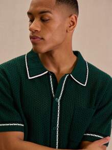 Musero Knitted Contrast Stitch Full Button Up Top - Dark Green - View 4
