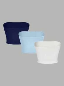 SHEIN EZwear 3pcs/Set Women's Blue And White Strapless Slim Fit Casual Tops, Summer - Multicolor - View 2