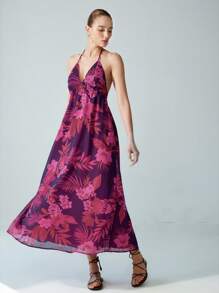 SHEIN Privé Island Coconut Tree Chiffon Print Sleeveless V-Neck Dress, Summer - Multicolor - View 7