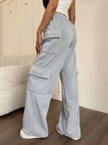 Flirla Petite 女士简约宽松高腰阔腿长款运动裤，带多个侧袋，休闲舒适，适合日常穿着，春秋季 - 灰色 - 查看 2