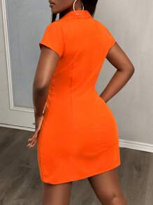 Slaydiva Summer Casual Shirt Collar Button Down Short Sleeve Fitted Mini Dress - Orange - View 4
