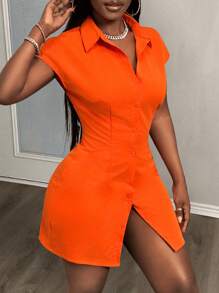 Slaydiva Summer Casual Shirt Collar Button Down Short Sleeve Fitted Mini Dress - Orange - View 7