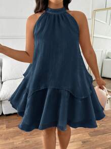 SHEIN Frenchy Plus Size Elegant Women Dresses Pearlescent Crinkled Chiffon Halter Bow Layered Cake Dress Flowy Dress