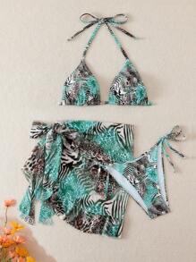SHEIN Swim Women's Summer Sexy Random Print Halter Wrap Bandeau Bikini Top, Ruffle Edge Tie Side Mini Skirt 3-Piece Set - Multicolor - View 1