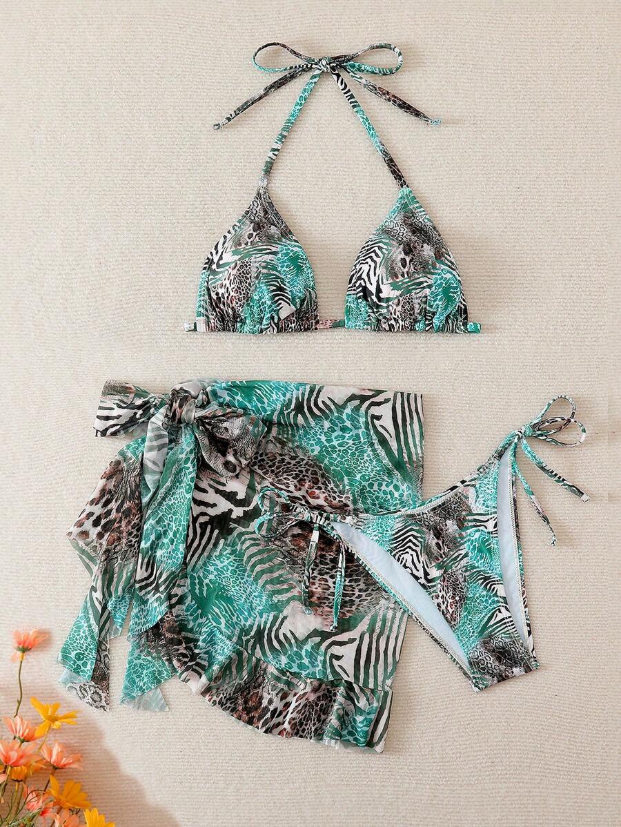 SHEIN Swim Women's Summer Sexy Random Print Halter Wrap Bandeau Bikini Top, Ruffle Edge Tie Side Mini Skirt 3-Piece Set - Multicolor - View 1