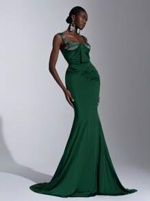 Elitara 优雅华丽绿色手工渐变烫钻宽肩吊带桃心系带修身鱼尾拖尾连衣裙适合约会单身派对毕业典礼婚礼活动厚重晚礼服，正式礼服，晚间，婚礼宾客 - 綠色 - 查看 6