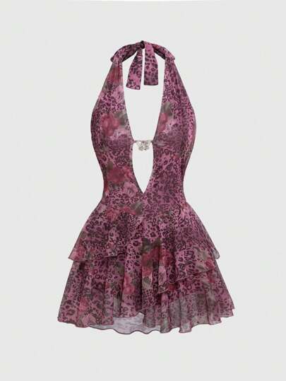 Fairycore Vestido midi con cuello halter, volantes y estampado floral y de leopardo en estilo vintage romántico para mujer