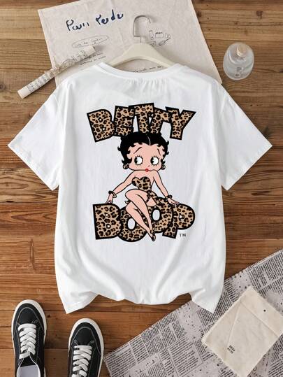Betty Boop x SHEIN Plus Size Summer Casual Letter & Portrait Print Short Sleeve T-Shirt