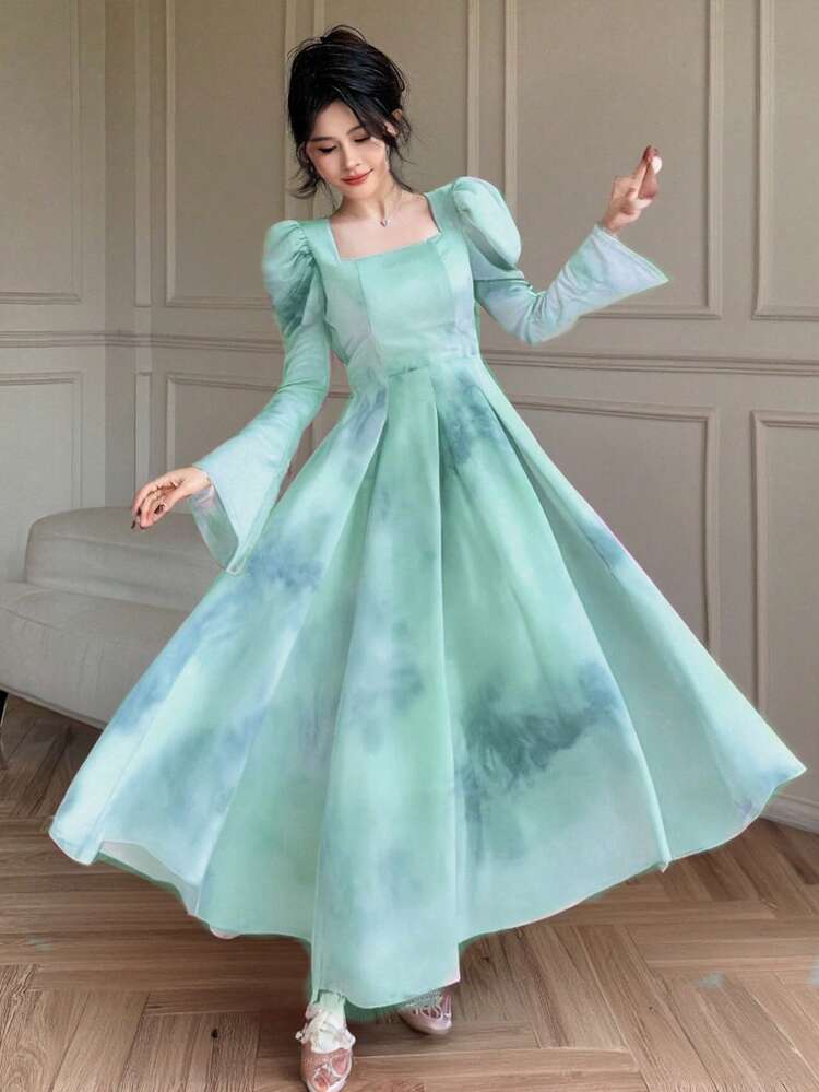 Fall New Arrival Elegant Ombre Color Puff Sleeve Dress For Women, Suitable For Dating Elegant Long Sleeve Dress Floral Maxi Dress