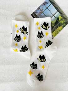 NEKONEKO 1 Pair Adorable Cat Print White Women Mid-Calf Socks