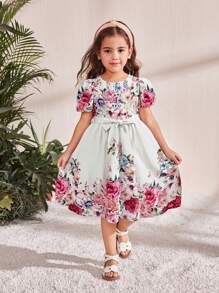 SHEIN Leap Crew Young Girl Fitted Casual Dress With Pink Rose Floral Print, Suitable For Valentine's Day, Princess Dress, Festival, Wedding, Party - White - View 1
