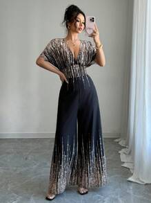 Rafferiza V-Neck Batwing Gold Printed Sexy Wide Leg Jumpsuit - Black - View 1
