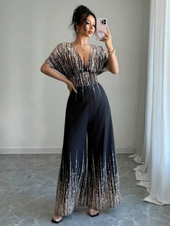 Rafferiza V-hals Batwing Guldtryckt Sexig Wide Leg Jumpsuit