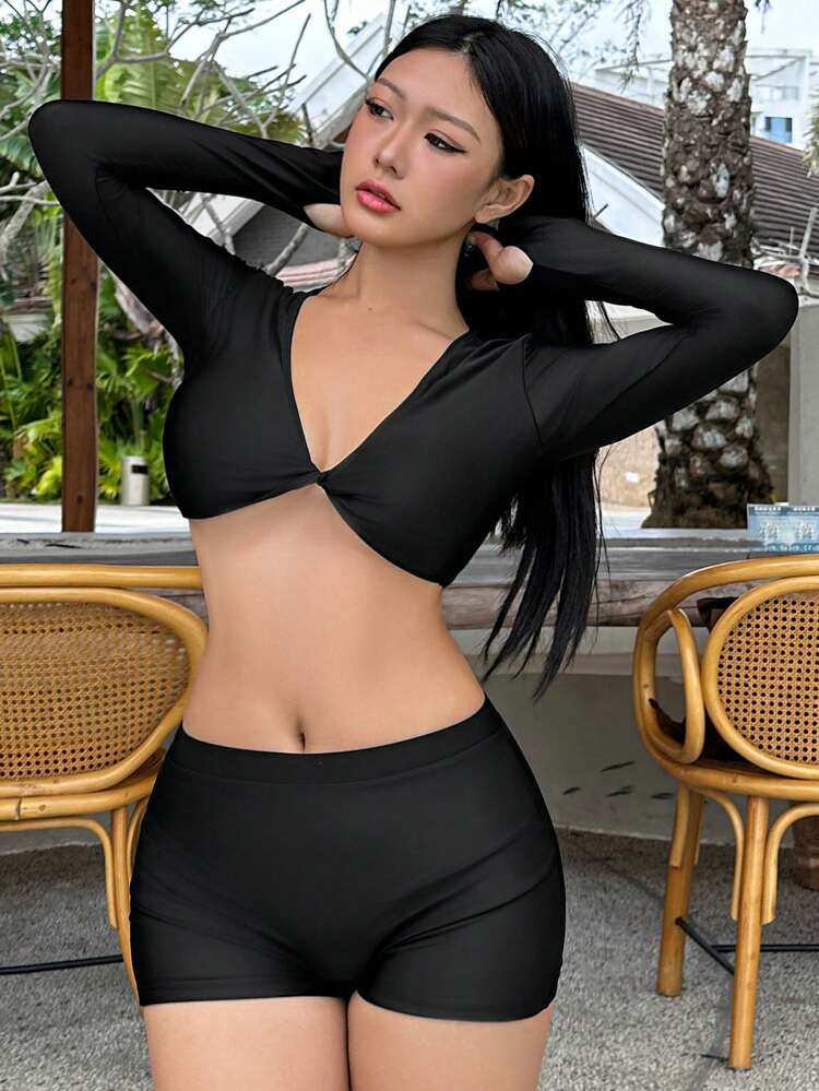 Women's Summer Beach Solid Twist Front Long Sleeve Short Crop Top And Bottoms Sexy Bikini Set,Tankini Bathing Suit