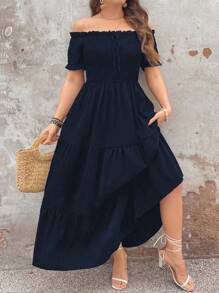 SHEIN Clasi Robe ample noire élégante, polyvalente et vintage, avec bordure à volants, nœud et design à taille élastique, convient pour le printemps, l'été et l'automne