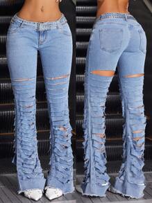 Jeanoix Jeans acampanados con bolsillos y desgastados para mujer, casuales y versátiles - Lavado ligero - Ver 1