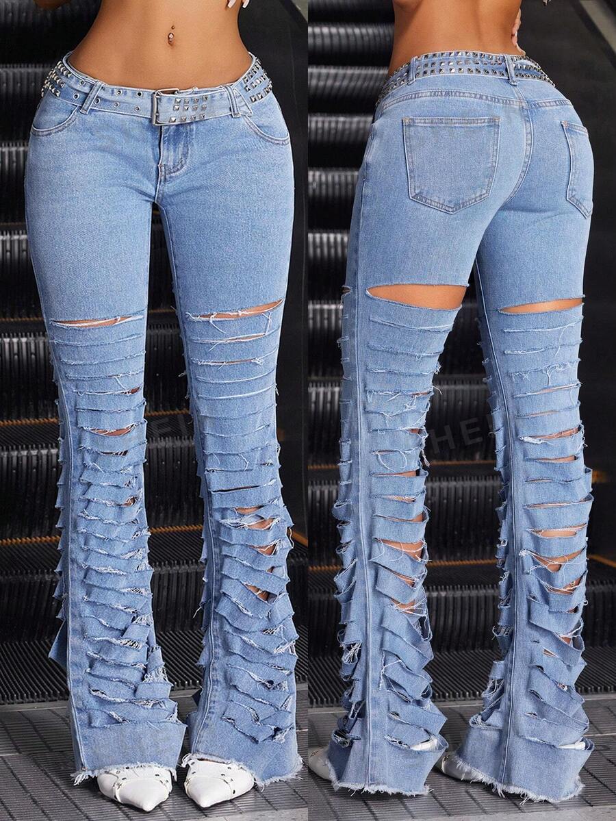 Jeanoix Jeans acampanados con bolsillos y desgastados para mujer, casuales y versátiles - Lavado ligero - Ver 1