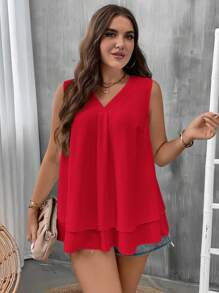 EMERY ROSE Áo kiểu nữ cỡ lớn cổ chữ V không tay, bèo nhún, phong cách thường ngày, thích hợp cho mùa hè. - Đỏ - Xem 5