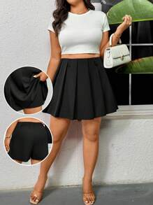 SHEIN Privé Plus Size Women's Comfortable Casual Elegant Commuting Basic Versatile High-End Pleated Elastic Waist Shorts, Suitable For Spring/Summer Office Wear - Black - View 1