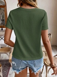 SHEIN Frenchy 女士纯色圆领短袖休闲纹理 T 恤 - 墨綠色 - 查看 2